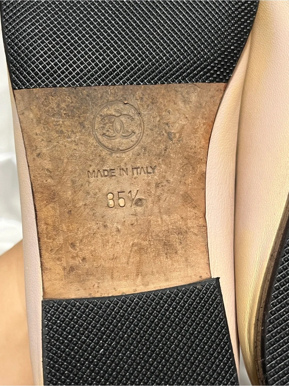 CHANEL Beige Leather Ballet Flats with Black Cap Toe and CC Logo